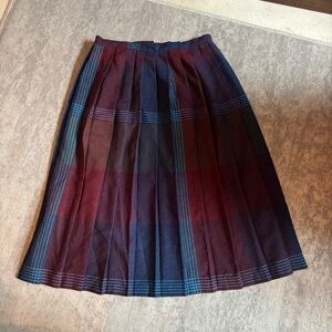 Plaid Wool Blend Pleated Midi Skirt Academia Schoolgirl Blue Red Zip Knife